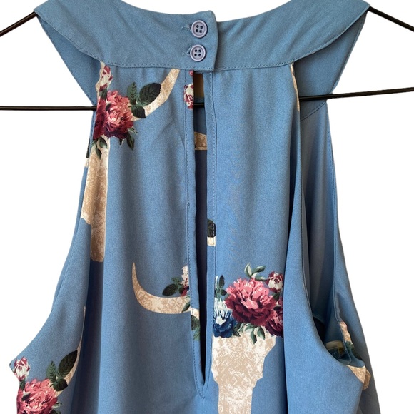 ALTAR’D STATE BLUE PRINT, HIGH NECK, TWO-LAYER FLOWY SLEEVELESS JUMPSUIT, SIZE S - Picture 5 of 7